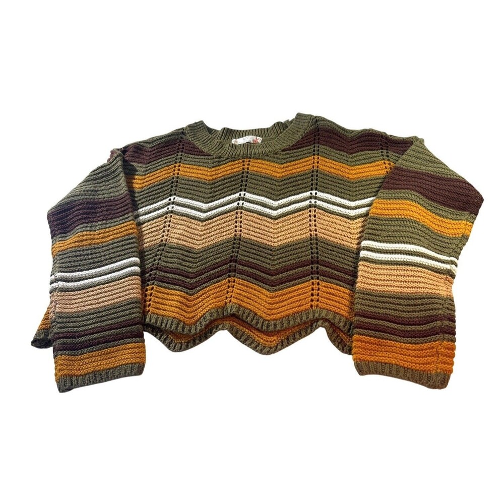 FCT With Love Cropped Knit Sweater Retro Earth-Toned Chevron Wavy Scalloped Hem